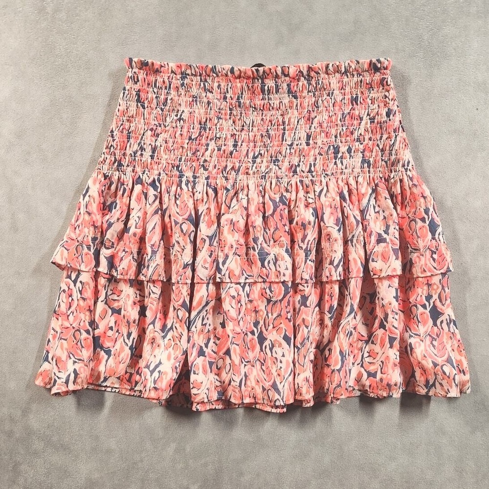 Ramy Brook Floral Smocked Tiered Mini Skirt Womens Small Pink Blue